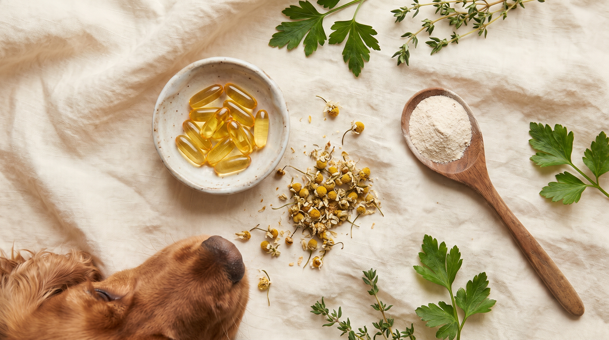 Dog supplement ingredients in a flat-lay