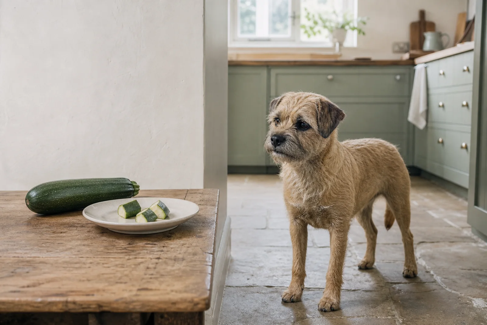 A terrier beside a plate of plain courgette pieces