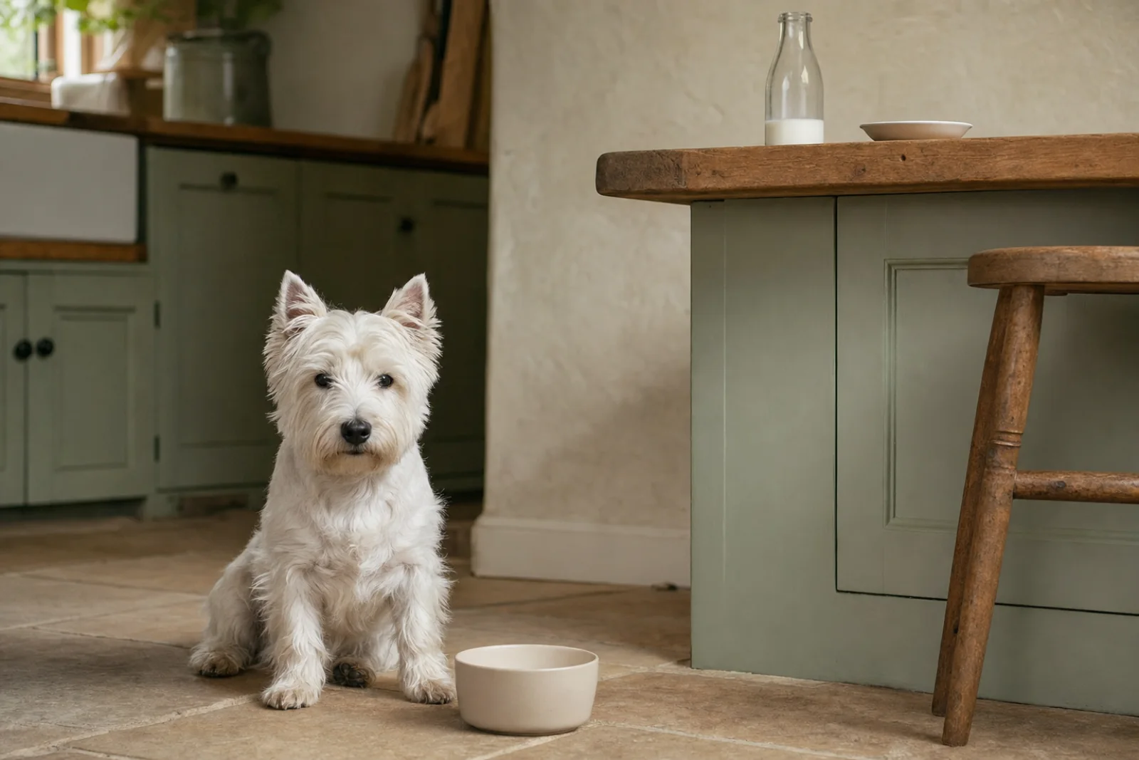 A Westie beside its bowl with milk safely out of reach
