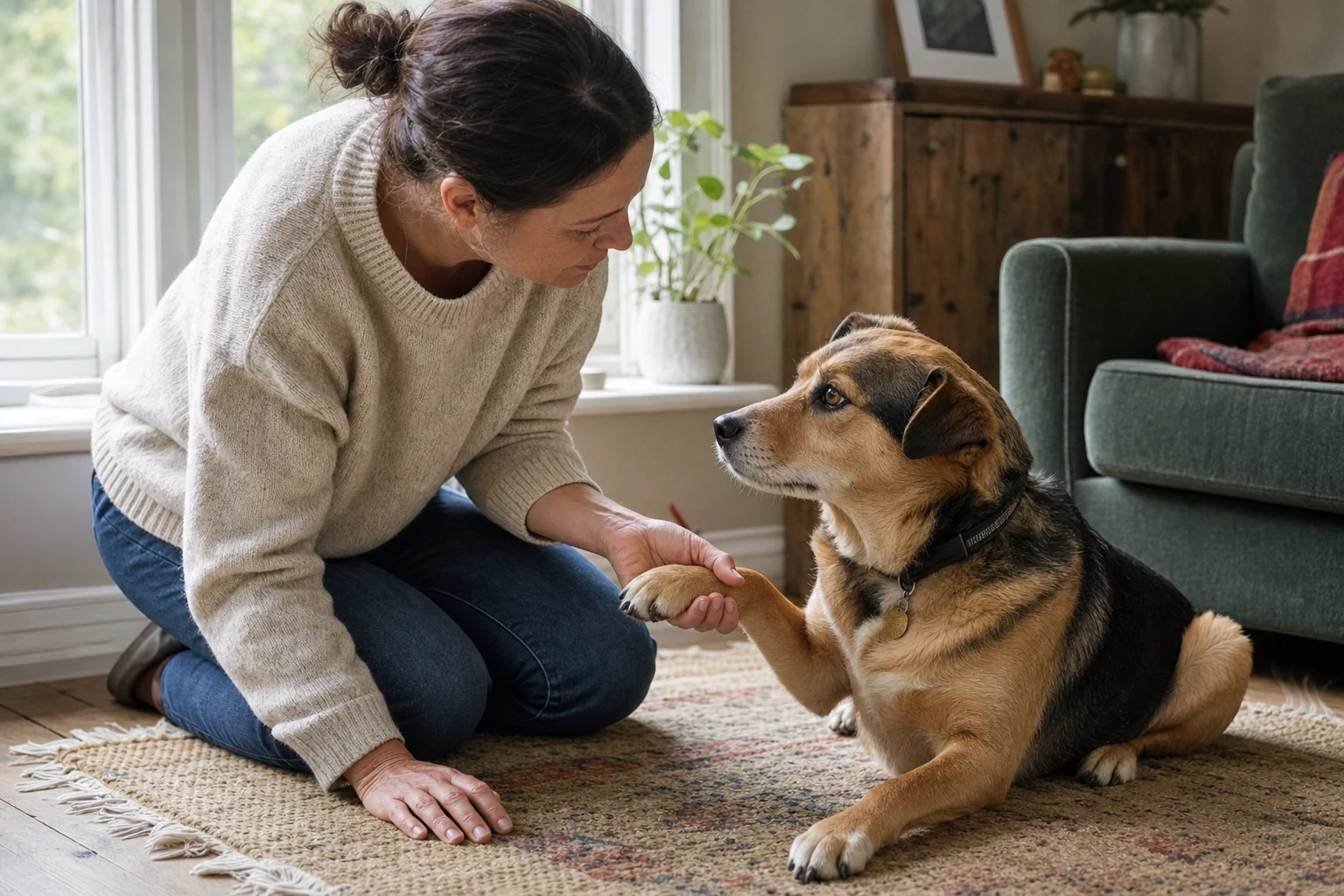 An owner calmly checking a dog's paw at home