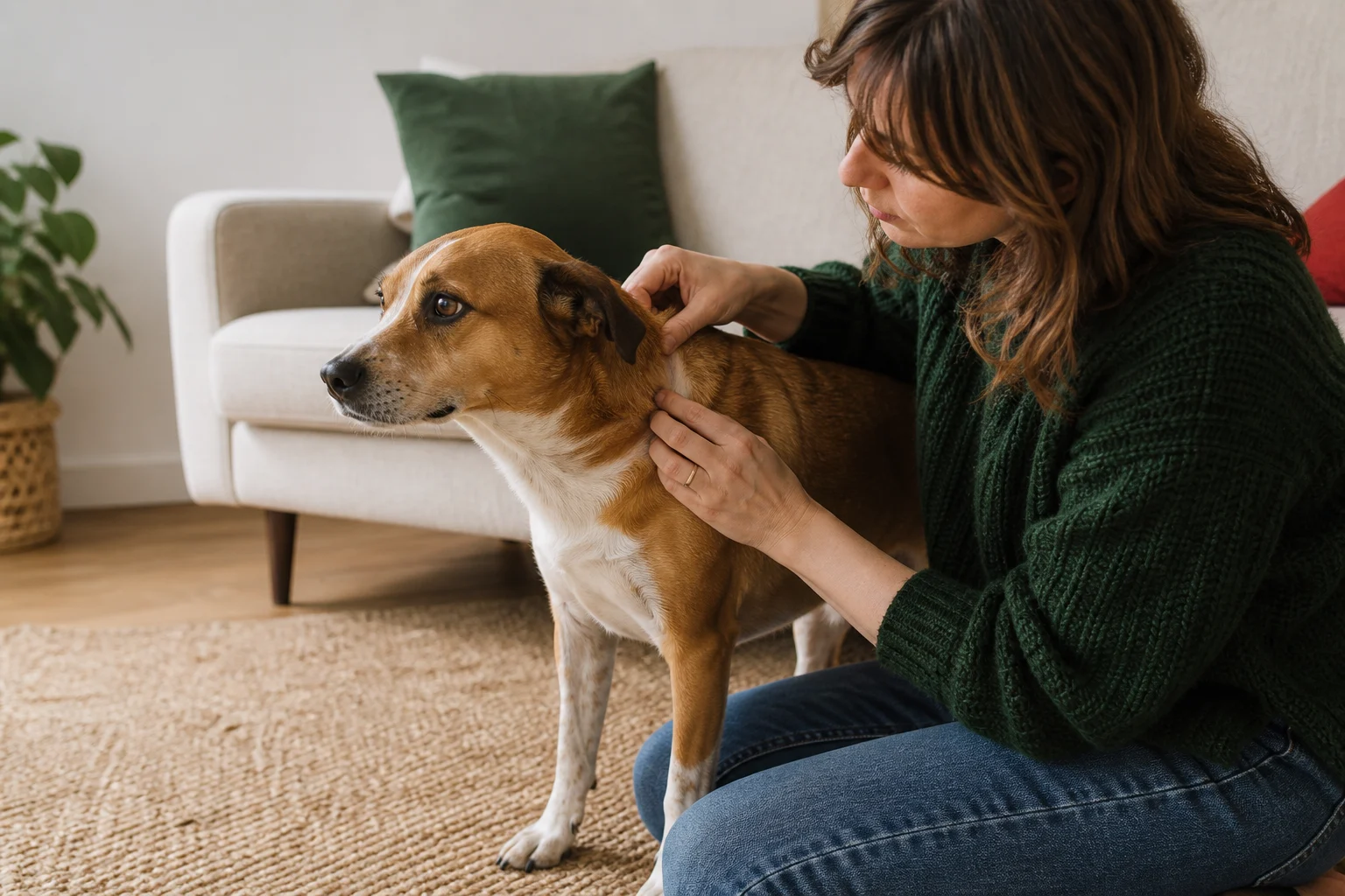 An owner gently parts a relaxed dog's coat to look at the skin at home