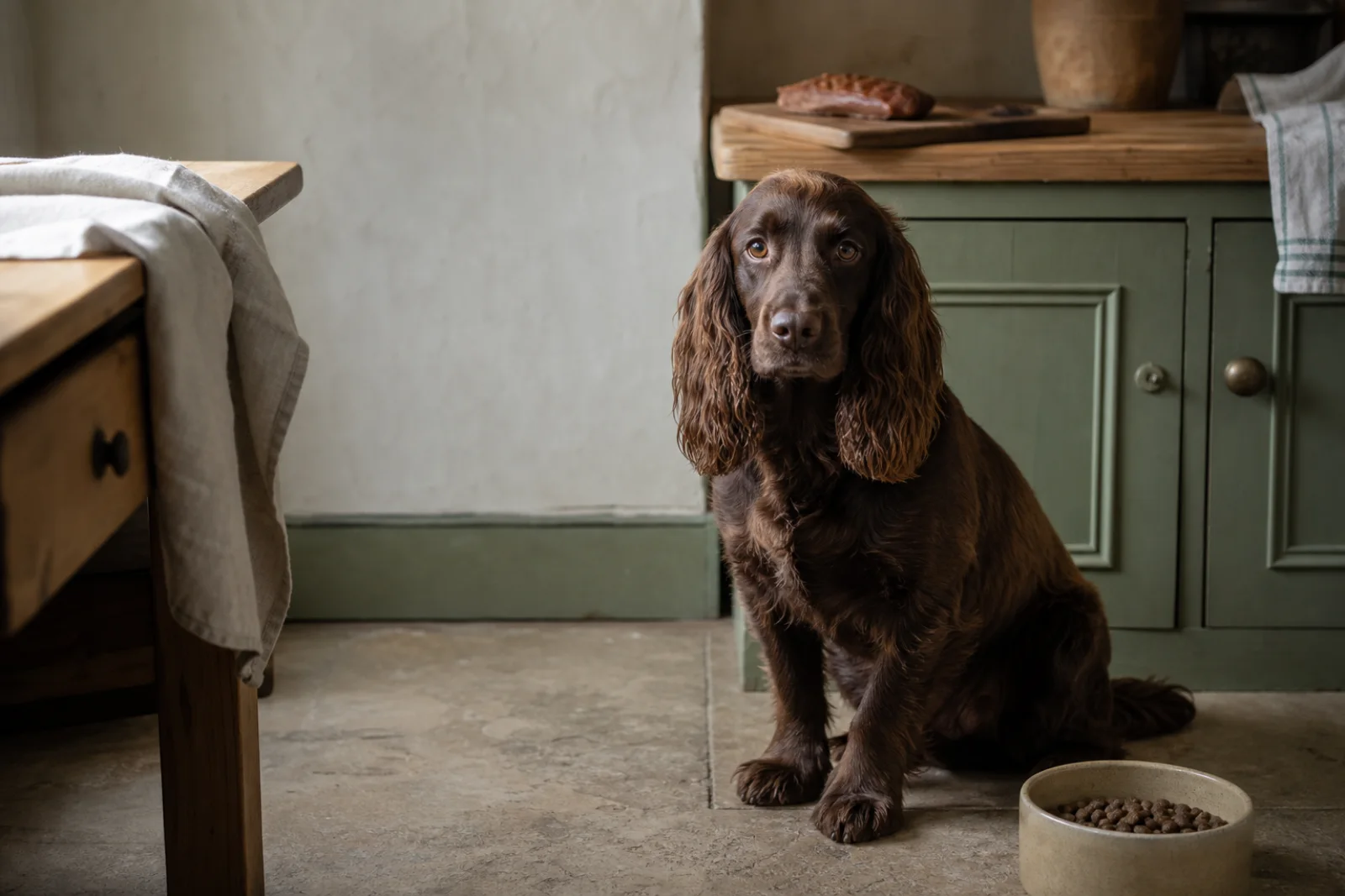 A chocolate cocker spaniel waiting beside its food bowl