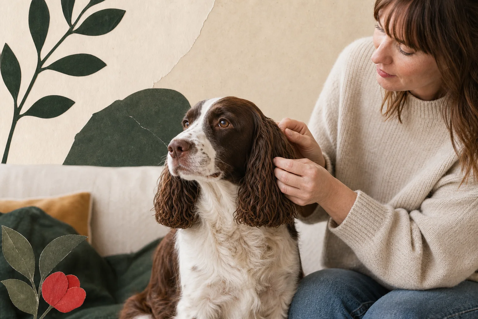 An owner gently checking a spaniel's ear at home