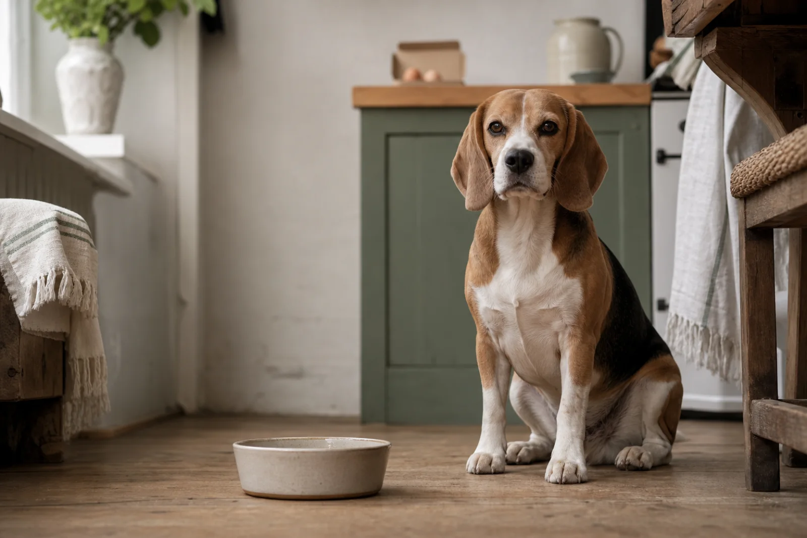A beagle waiting beside its bowl with eggs in the background