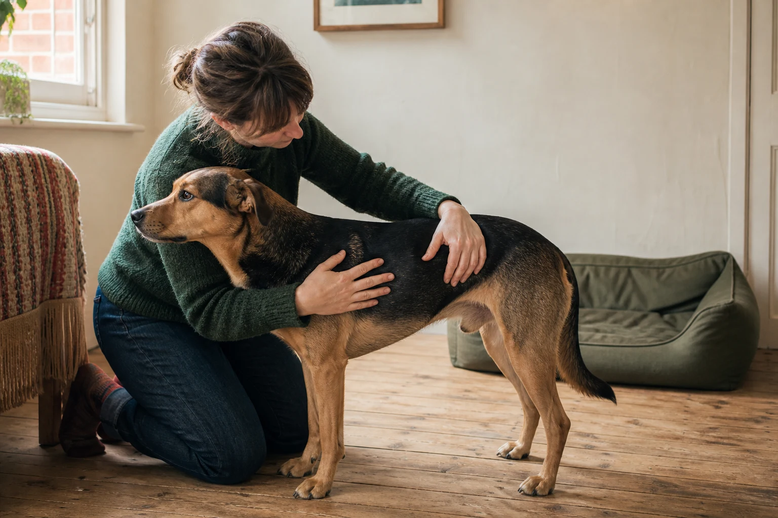 An owner gently feeling along a relaxed dog's ribcage at home