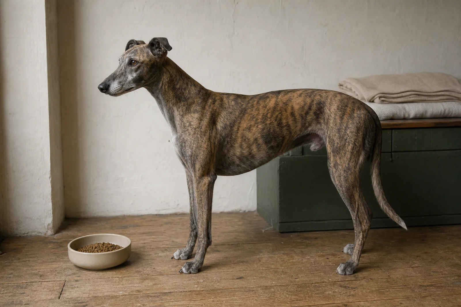A brindle greyhound waiting beside a simple bowl of dog food