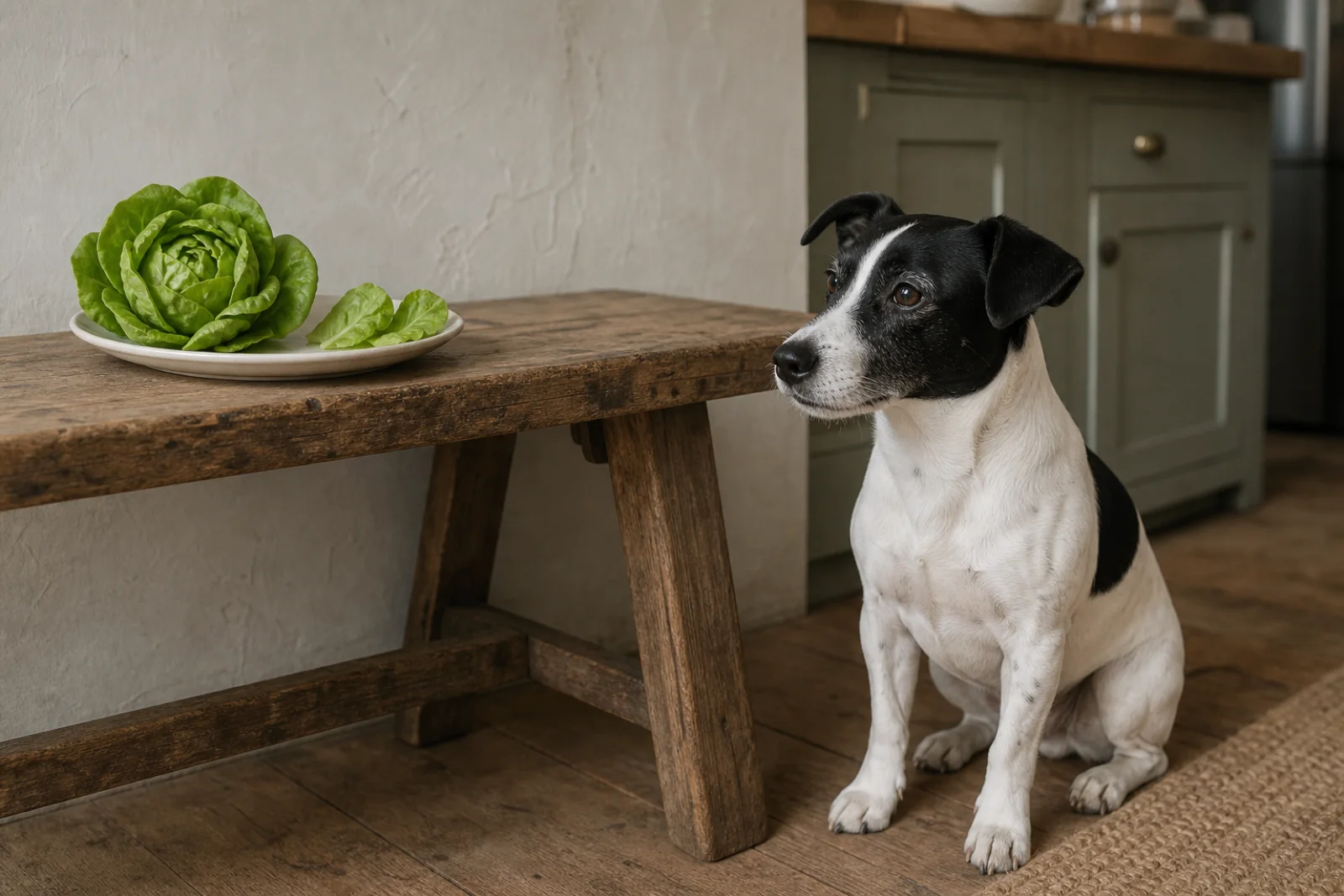 A Jack Russell beside a plate of fresh lettuce
