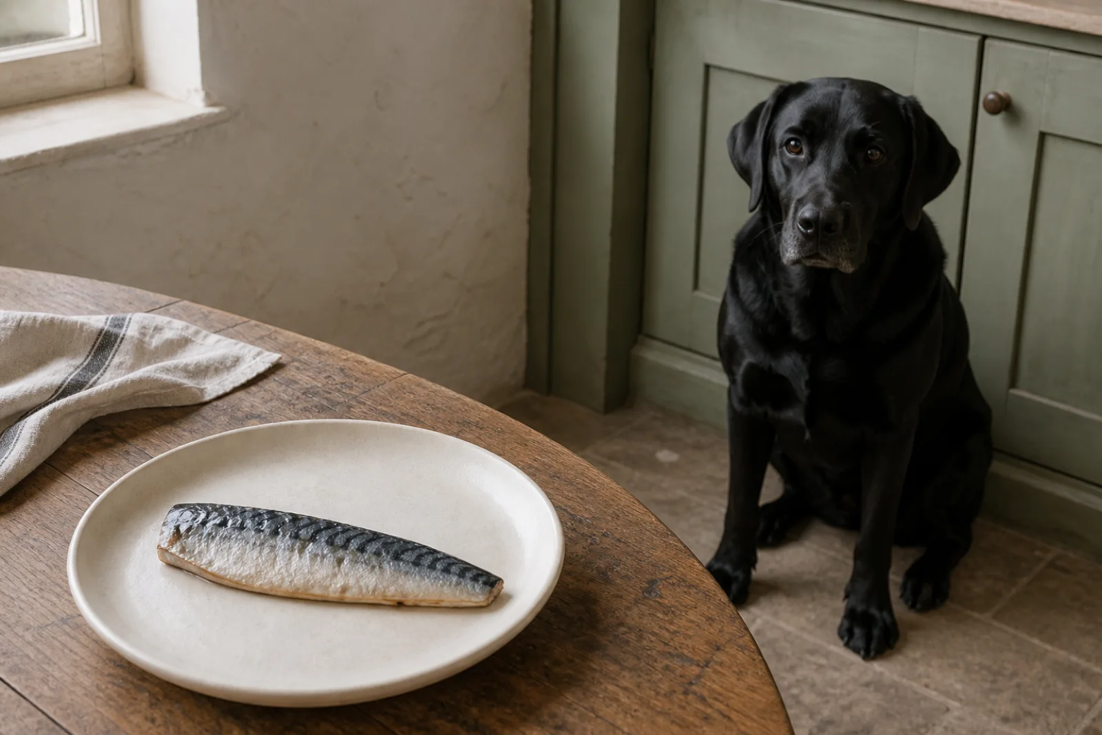 A Labrador waiting near a plate of plainly cooked mackerel