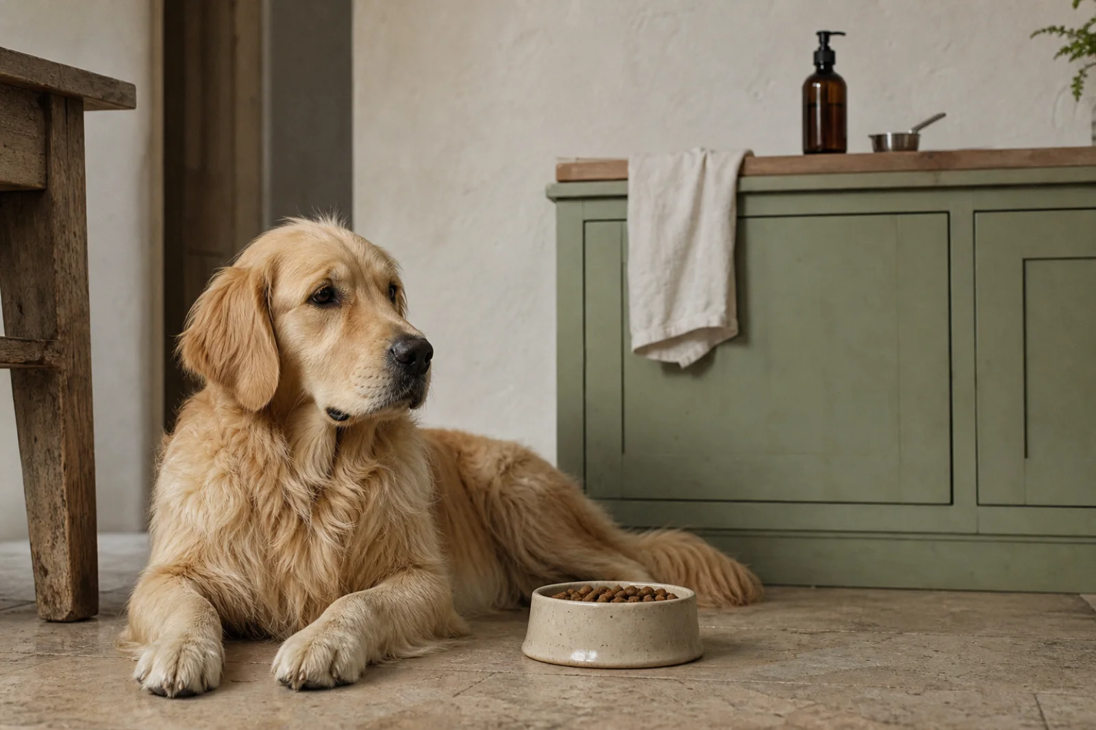 A golden retriever resting below an unlabelled fish-oil bottle