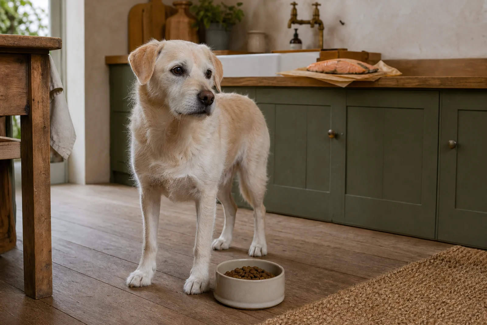 A dog beside its food bowl with cooked salmon in the background