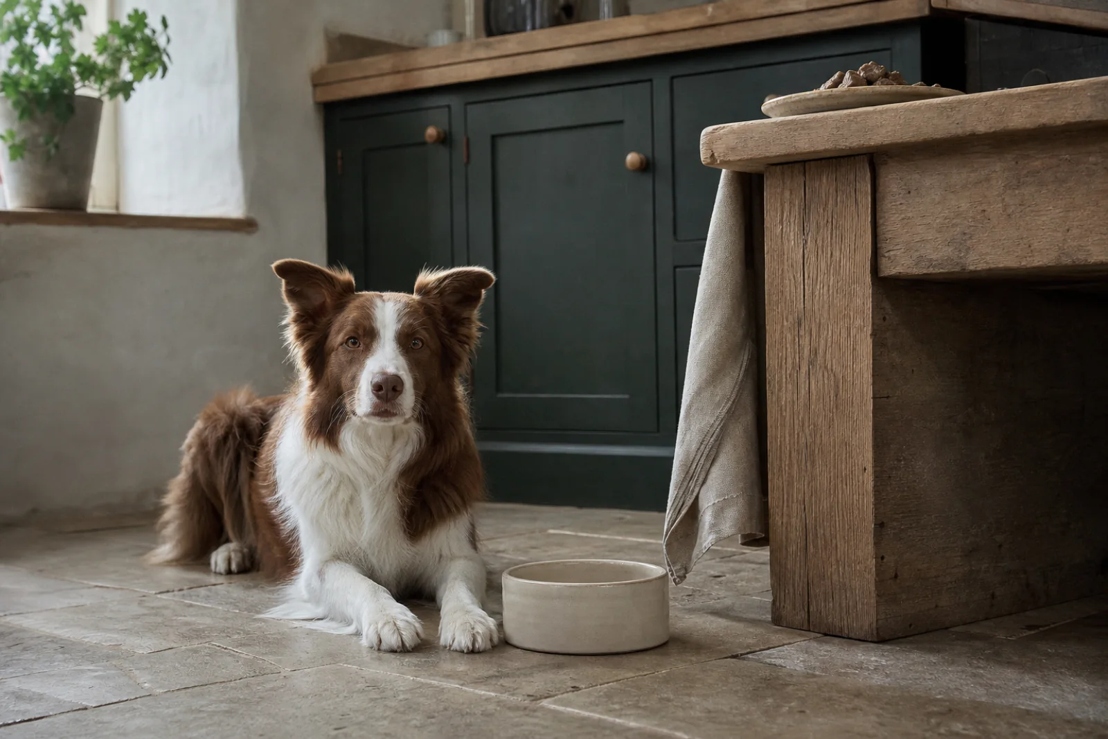 A Border Collie resting beside a food bowl in a country kitchen