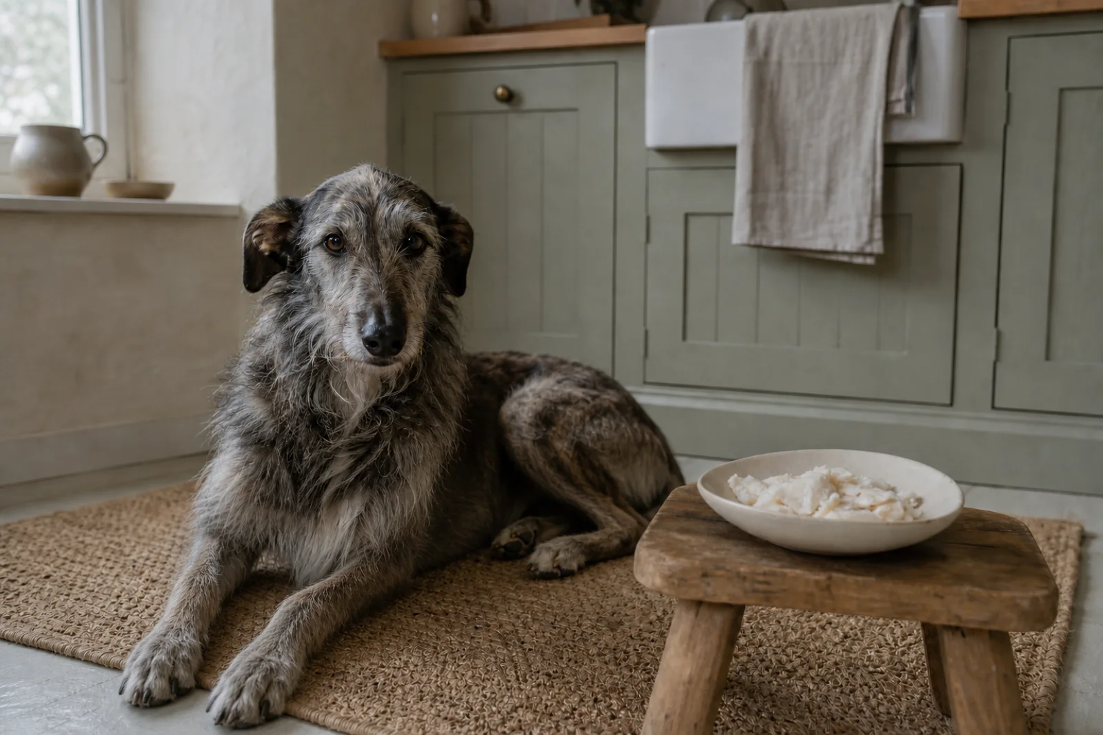 A lurcher resting beside a small bowl of plainly cooked white fish