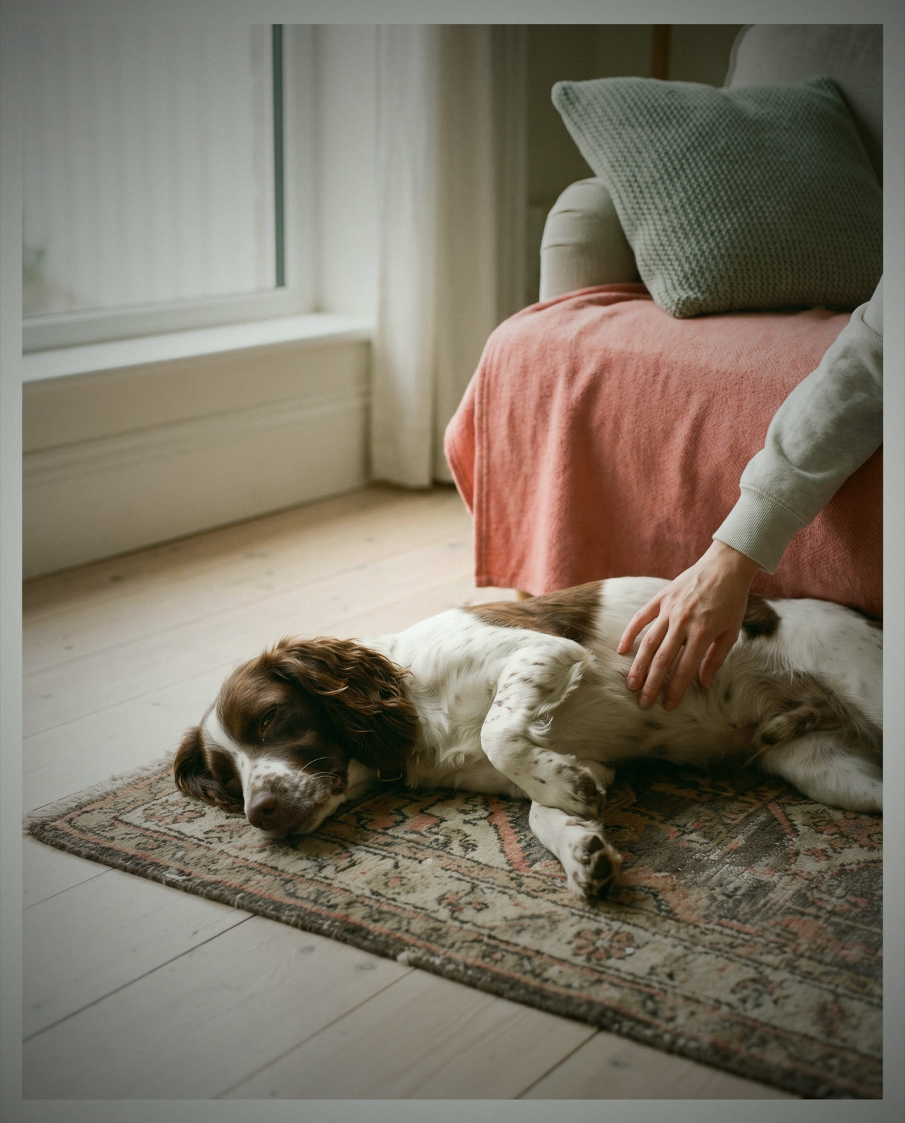 A spaniel curled on a rug with its owner's hand resting gently on its belly