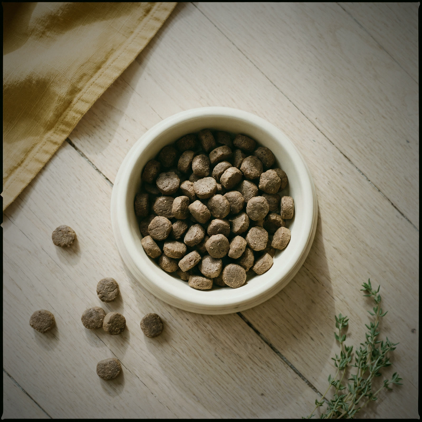 A cream bowl of dark cold-pressed Some Grub pellets seen from above, a few pellets scattered beside it