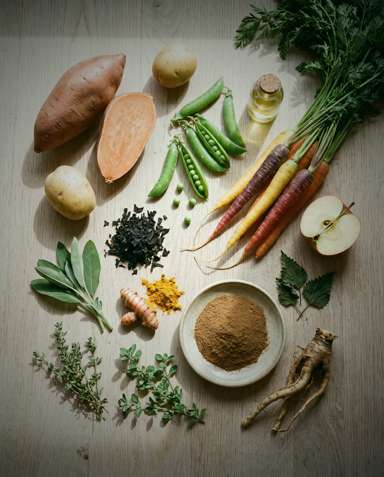 Some Grub's real ingredients laid out: sweet potato, potato, peas, carrots, apple, seaweed, turmeric, sage, thyme, oregano, nettle, dandelion root, a dish of insect meal and a bottle of insect oil