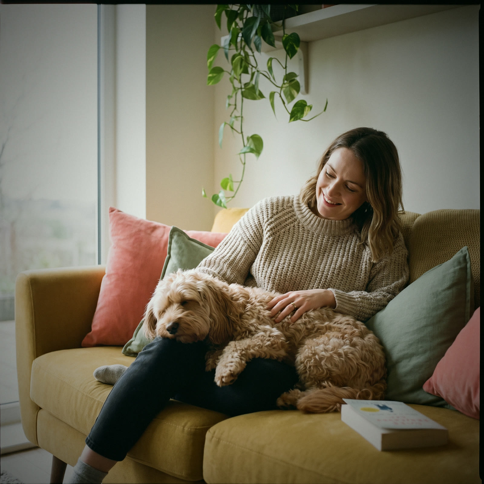 A relaxed cockapoo asleep across its owner's lap on a mustard sofa