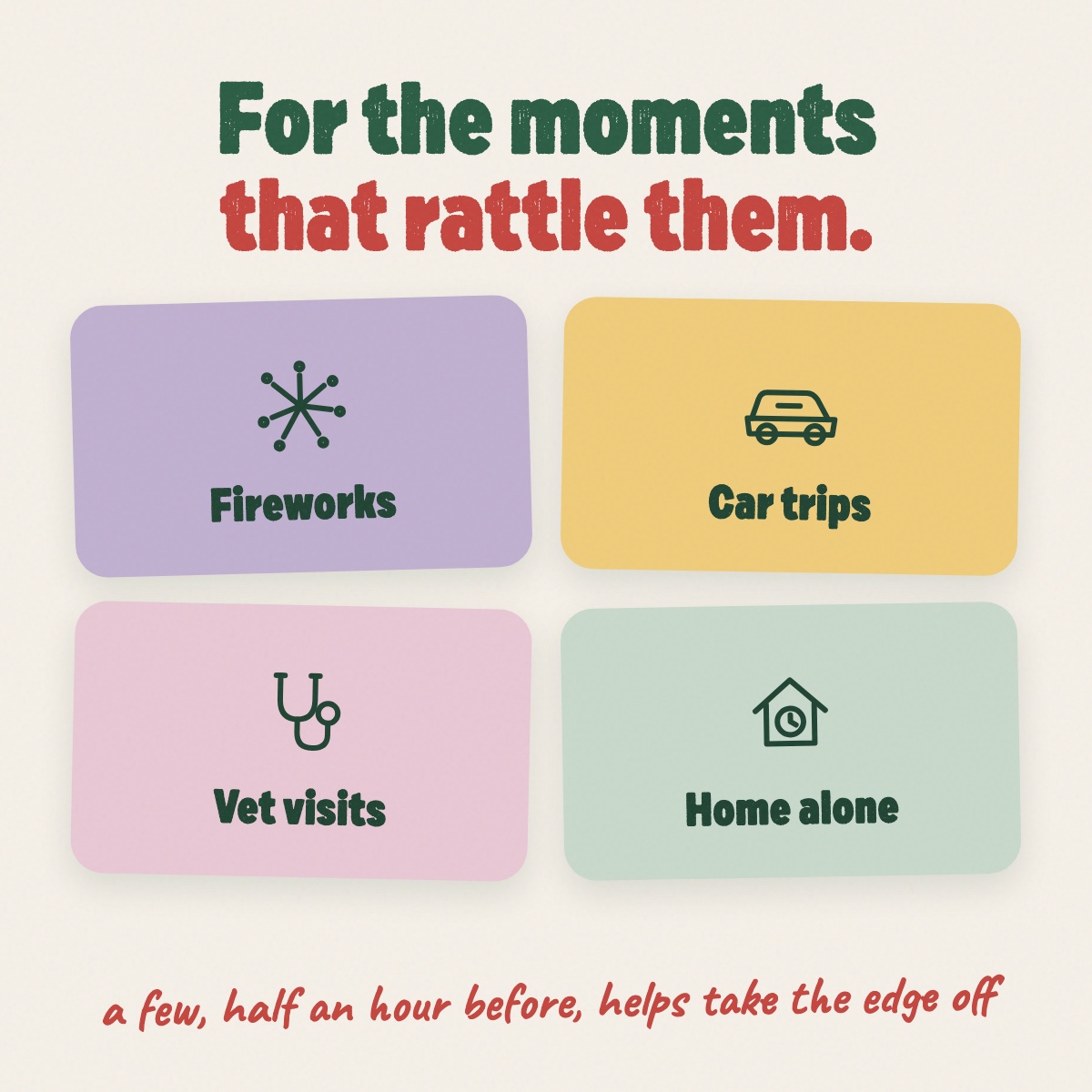 When calming treats help — fireworks, car trips, vet visits, home alone
