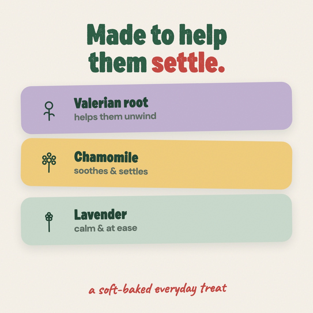 Made to help them settle — valerian root to help them unwind, chamomile to soothe and settle, lavender for calm
