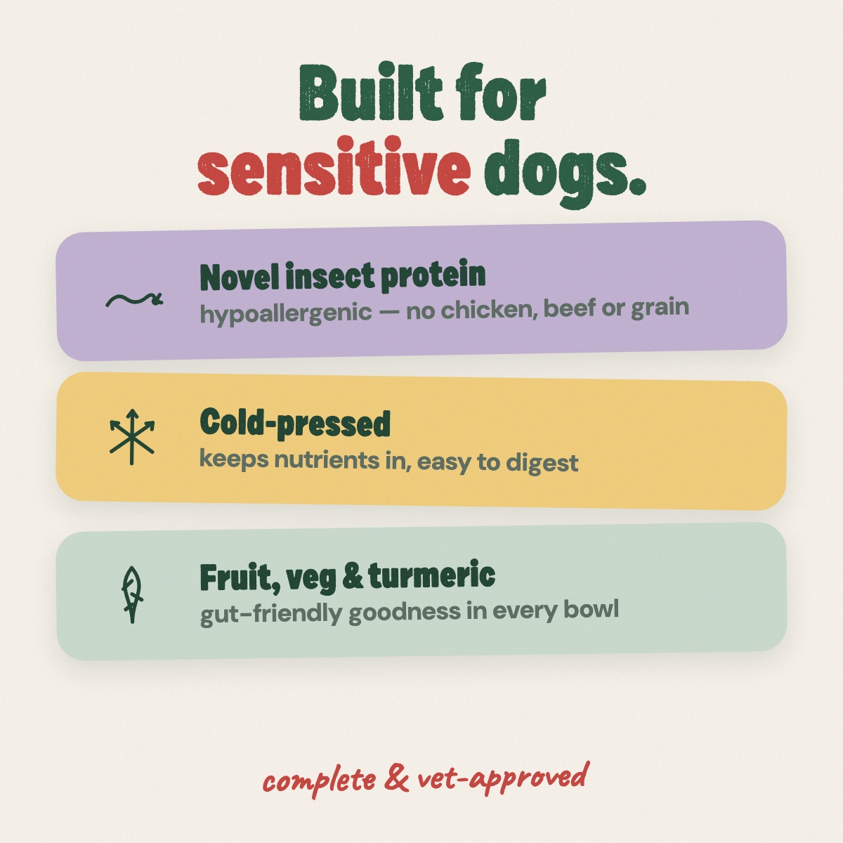 Built for sensitive dogs — novel hypoallergenic insect protein, cold-pressed to keep nutrients in, with fruit, veg and turmeric for gut-friendly goodness