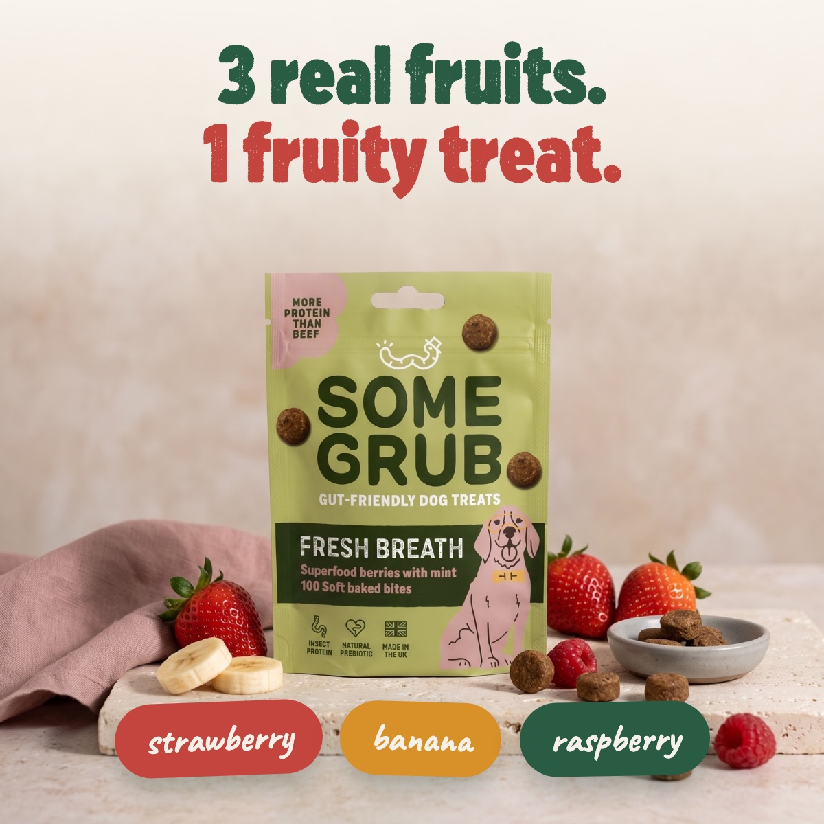 3 real fruits — the Fresh Breath pouch with strawberry, banana and raspberry