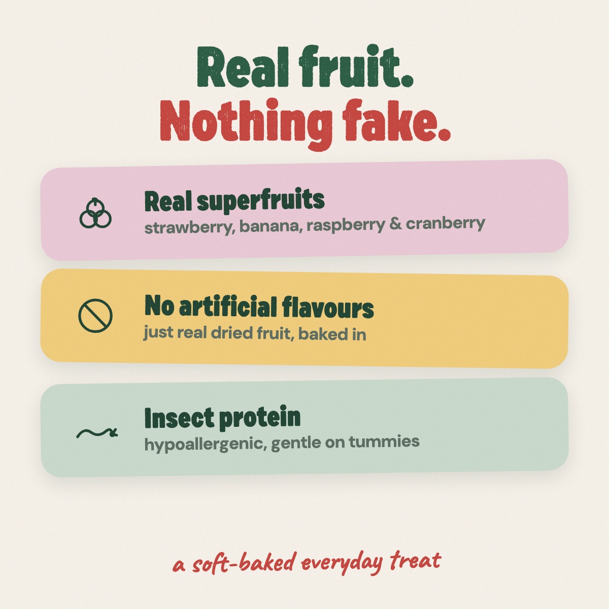 Real fruit, nothing fake — strawberry, banana, raspberry and cranberry, no artificial flavours, on a hypoallergenic insect-protein base