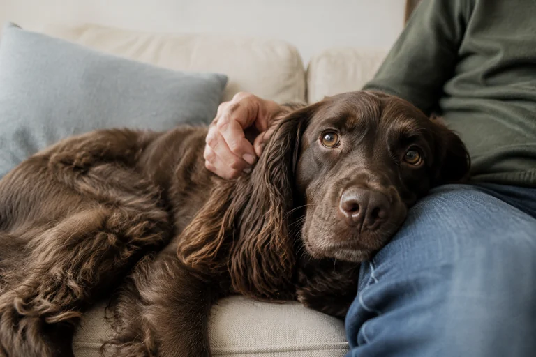 A relaxed chocolate cocker spaniel rests against its owner while having its ear stroked on the sofa